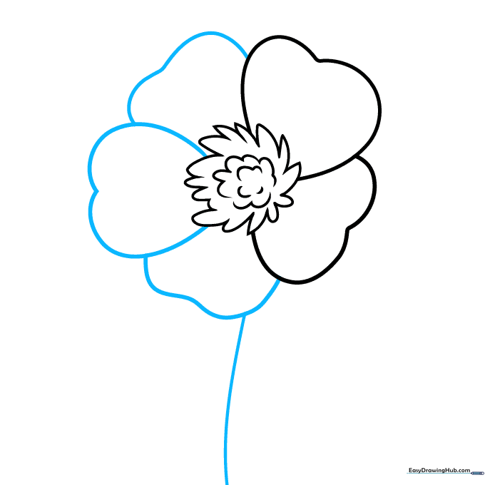 Five completed petals with a long curved line starting the stem.