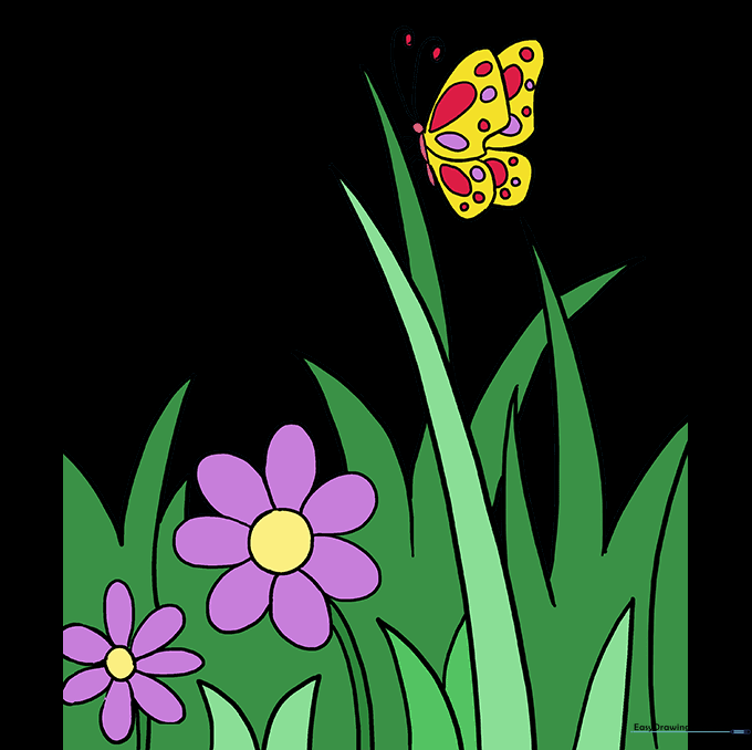 A fully colored, vibrant butterfly garden drawing.