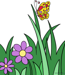 A colorful, finished drawing of a butterfly in a garden setting.