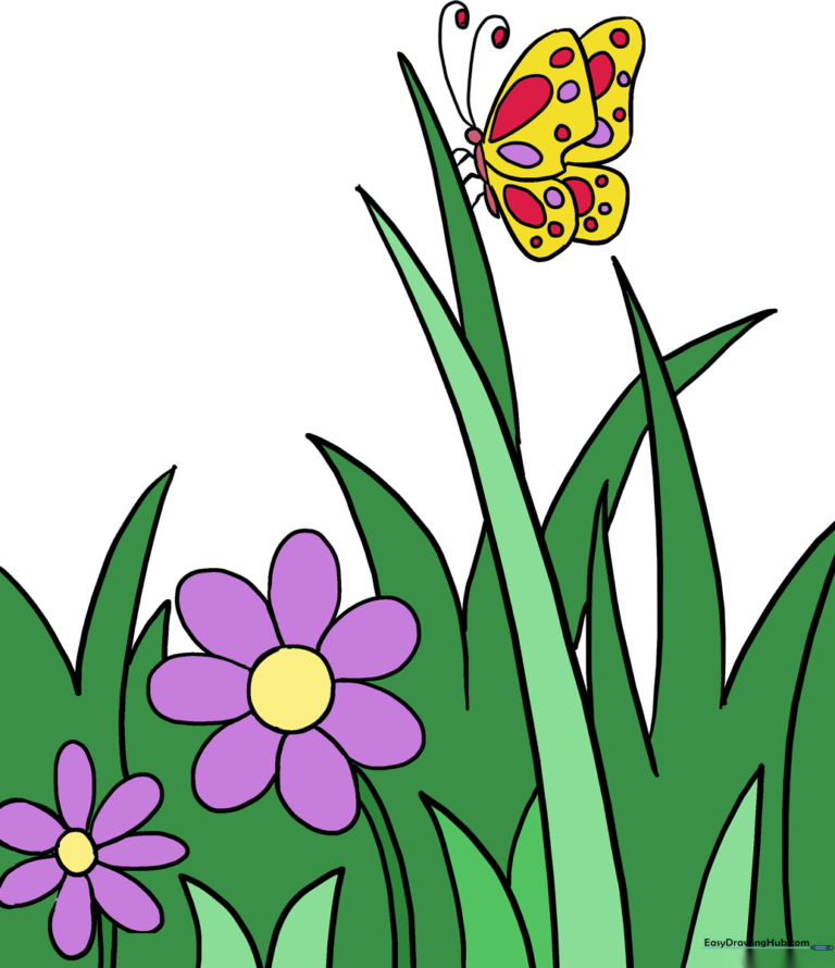 A colorful, finished drawing of a butterfly in a garden setting.