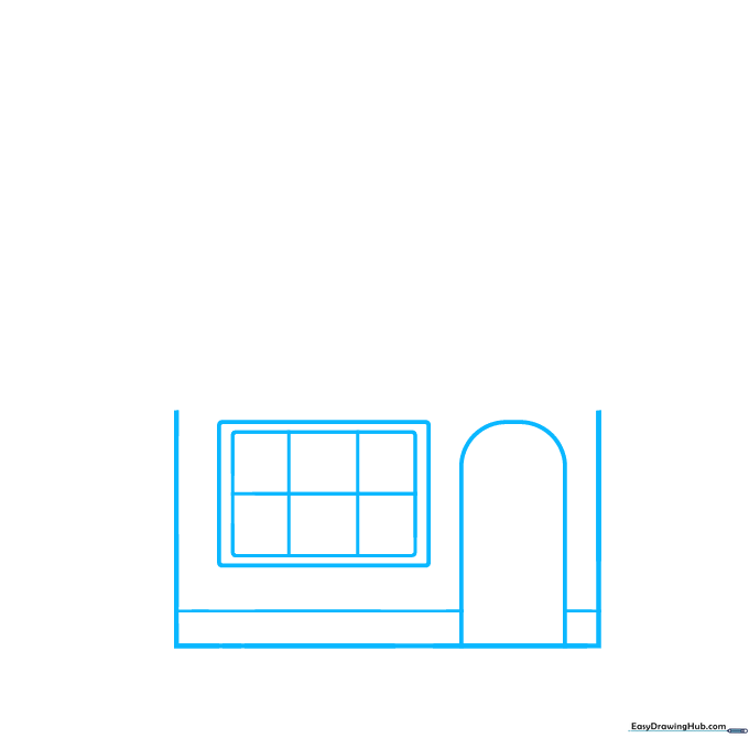 Pencil sketch showing the rectangular outline of a cafe building with an arched door and window frame.