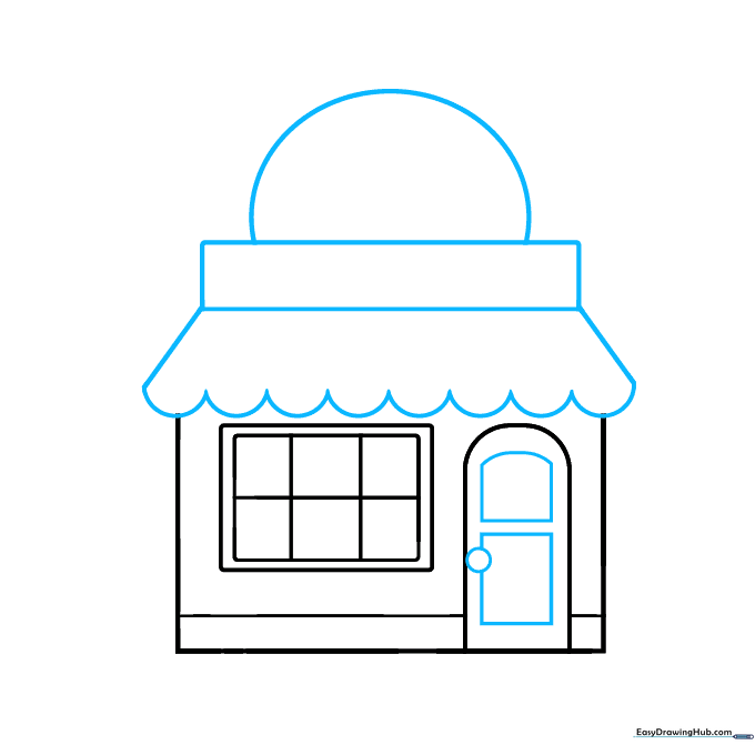Drawing the cafe roof with scalloped edges and adding a decorative door handle and panels.
