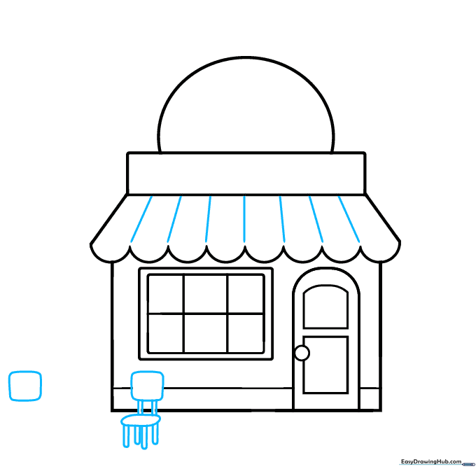Adding a small chair in front of the cafe using simple geometric shapes.