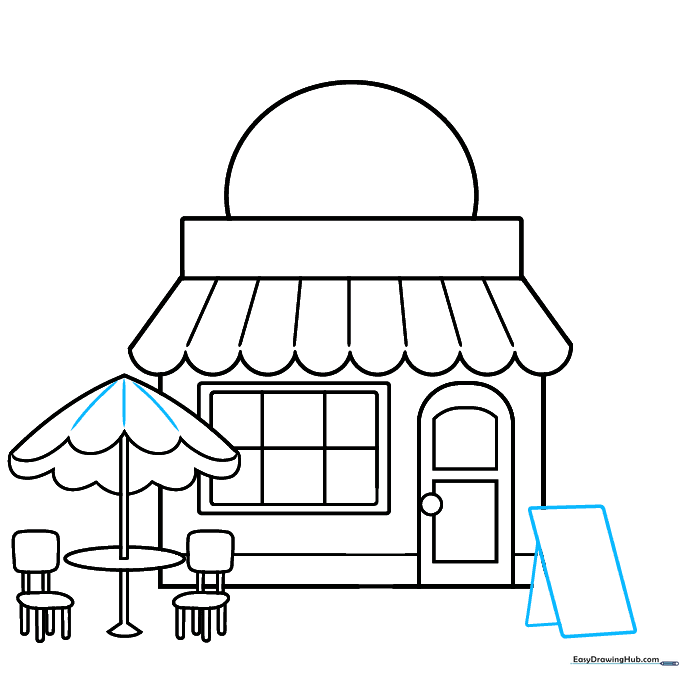 Adding details to the umbrella and sketching a sidewalk sign.