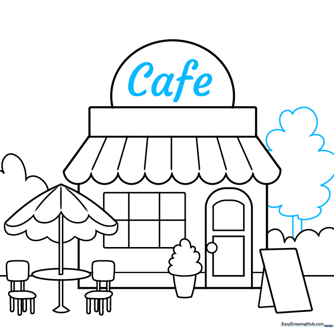 Adding the word 'Cafe' to the sign and sketching a tree in the background.