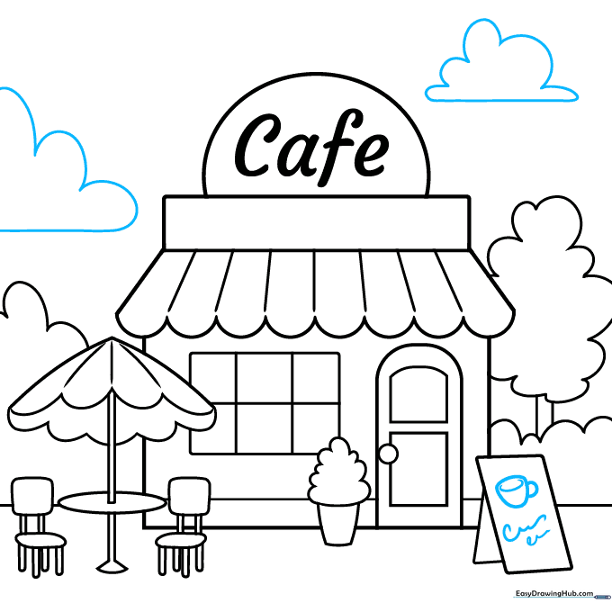 Finalizing the drawing with clouds, a coffee cup icon, and menu text details.