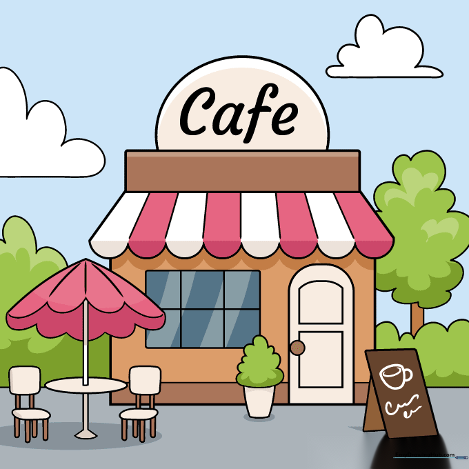 A fully colored and vibrant cartoon cafe drawing.