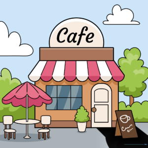 A colorful, finished cartoon cafe drawing with outdoor seating and a sign.