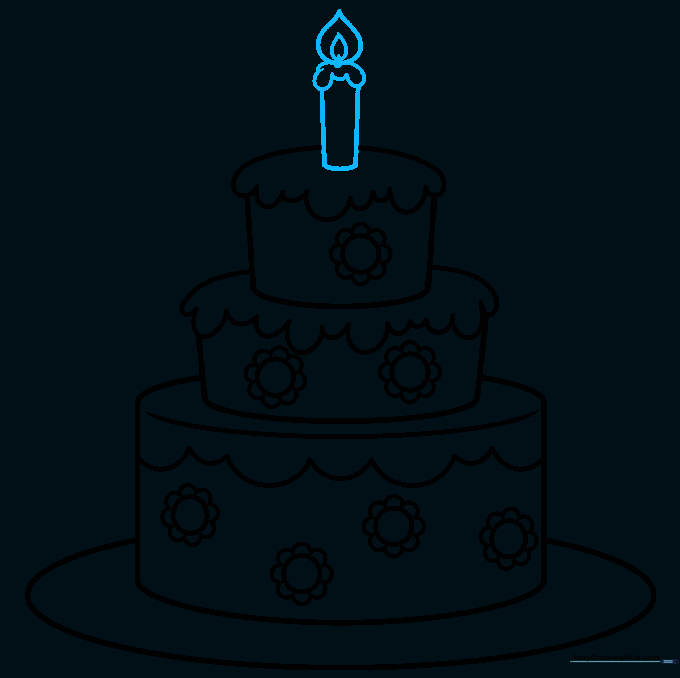A single candle with a flame drawn on the top tier of the cake.