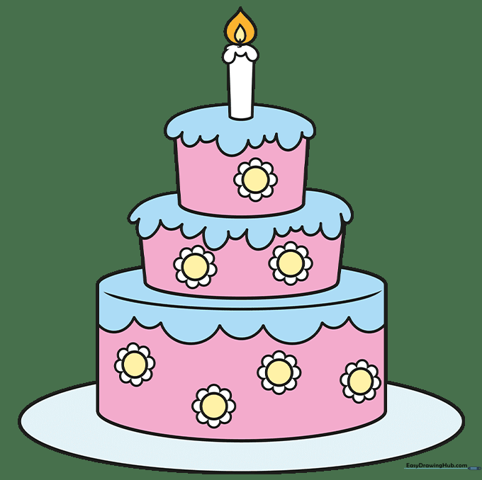 A fully colored cartoon cake with a candle and flower decorations.
