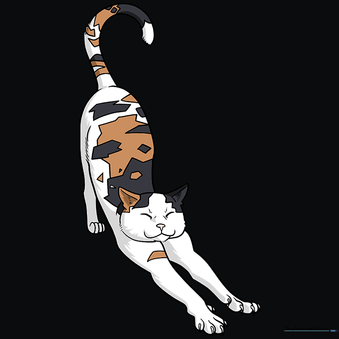 A finished, colored drawing of a calico cat with orange, black, and brown spots.