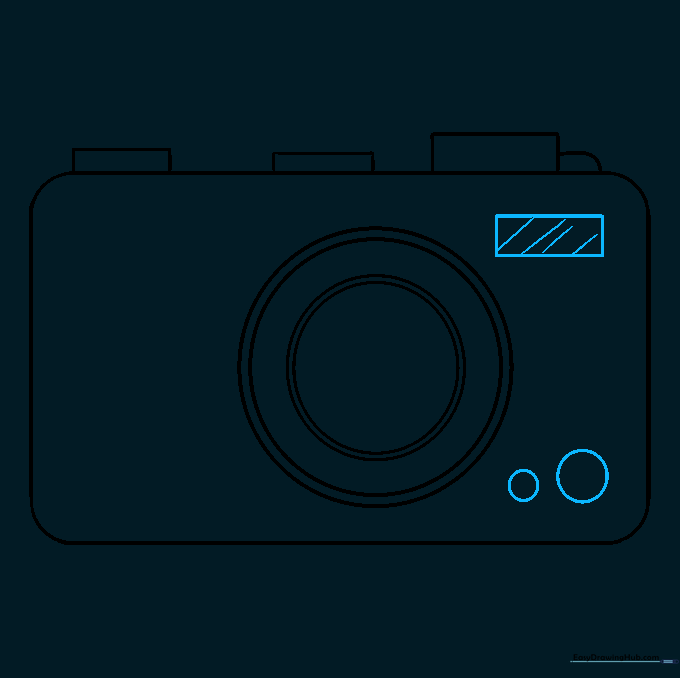 A textured flash rectangle and small circular details added to the camera front.