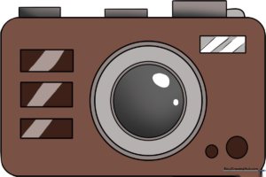 A vibrant, completed camera illustration showing the lens, flash, and buttons.