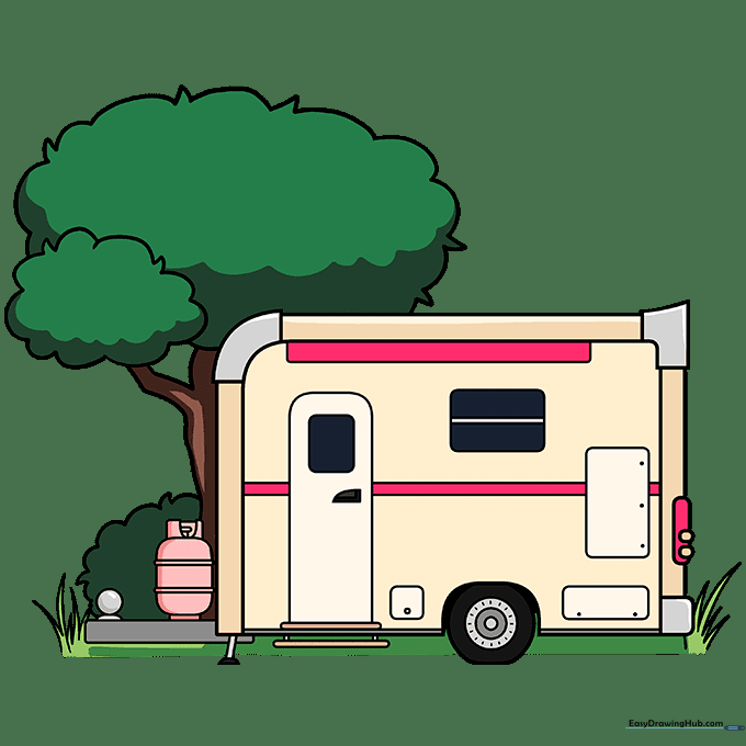 A fully colored camper drawing with red and cream paint, green trees, and blue sky.