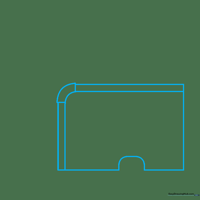 Pencil sketch of a rectangular camper body with a rounded corner and wheel well notch.
