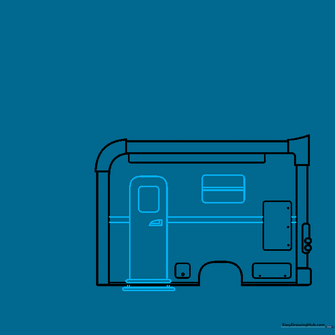 Adding a door with a handle and a small staircase to the side of the camper.