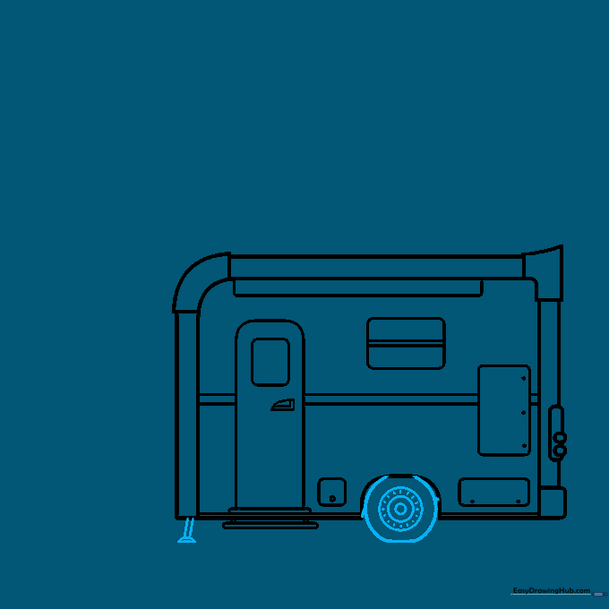 Detailing the camper wheel with concentric circles and adding a front support strut.