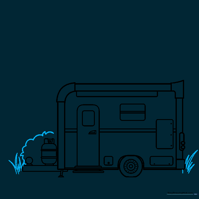 Adding grass and a rounded bush to the base of the camper drawing.