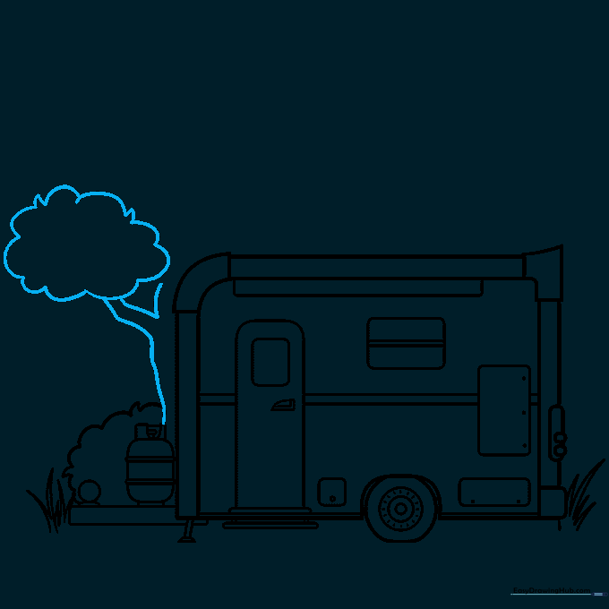 Sketching a tree trunk and branches in the background of the camper scene.
