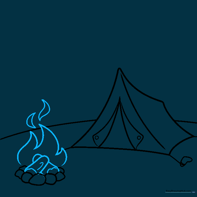 Adding logs and flickering flame shapes inside the stone fire pit.