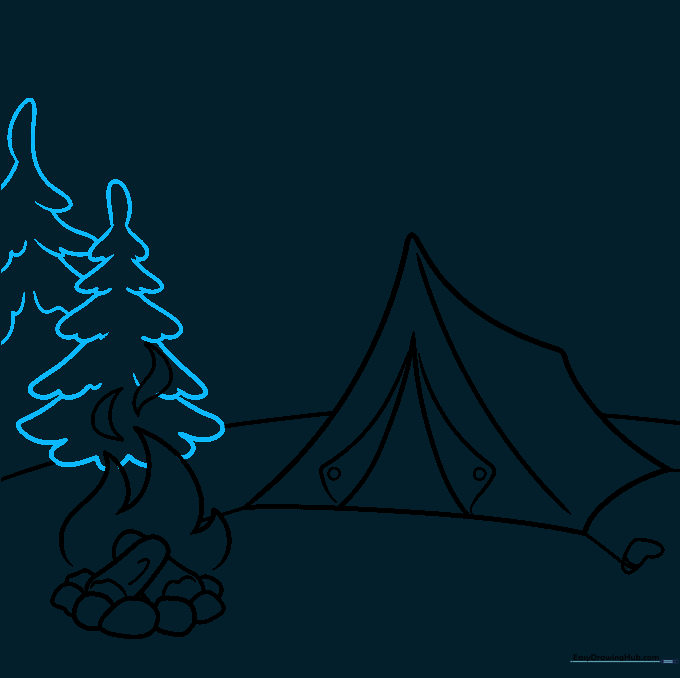 Drawing the first pine tree using layered, scalloped lines.