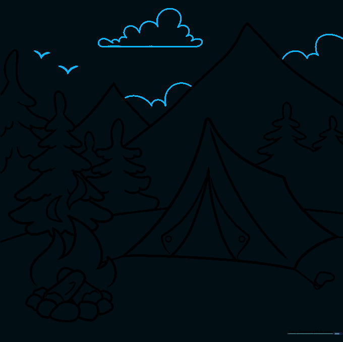 Adding clouds and birds to the sky to complete the outdoor scene.