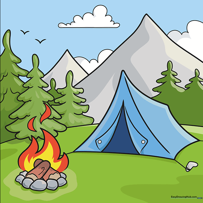 The finished, colored camping scene featuring a tent, fire, trees, and mountains.
