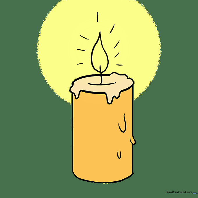 A fully colored candle drawing with a yellow flame and a colored body.