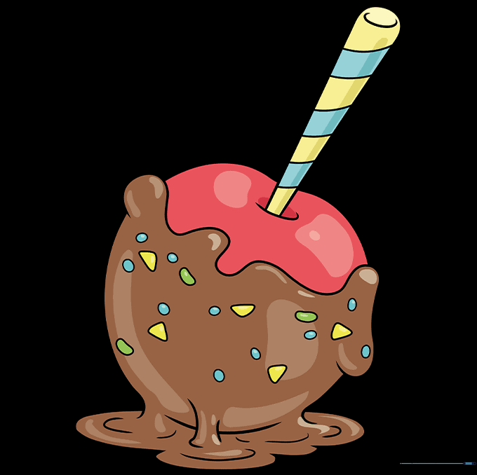 Final colored candy apple drawing with red apple and brown candy coating.
