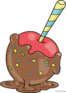 A vibrant, finished candy apple drawing with a wooden stick and shiny candy coating.