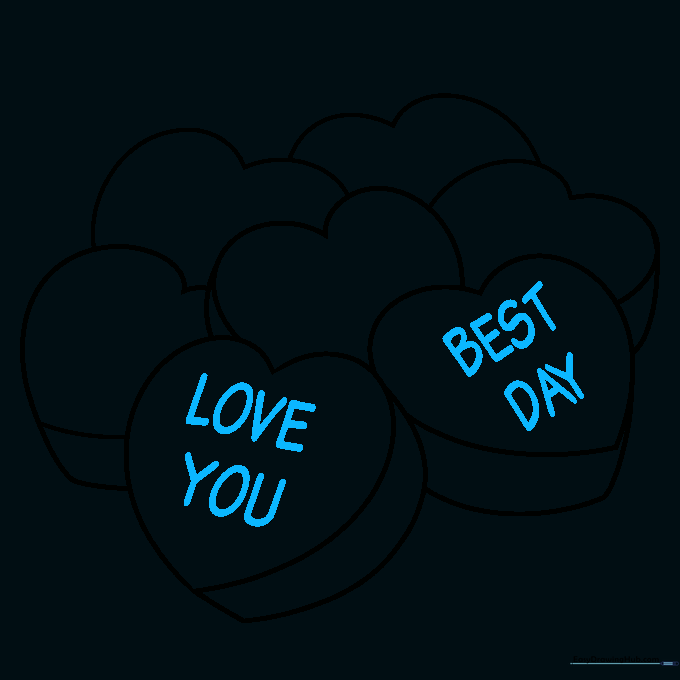 Candy hearts with short, block-lettered messages written inside them.
