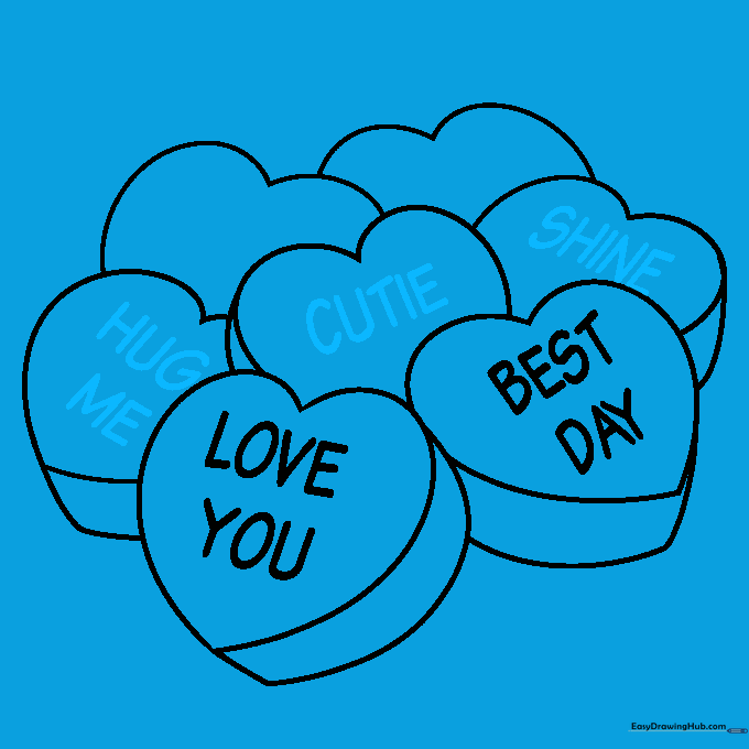 A full cluster of candy hearts, each featuring a unique, short message.