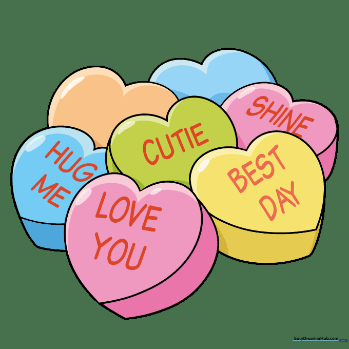 Finalized, colorful candy heart drawing with shading and clear lettering.