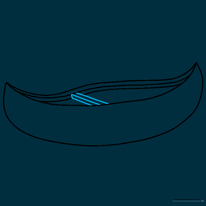 Drawing a rectangular crossbeam, known as a thwart, inside the canoe.