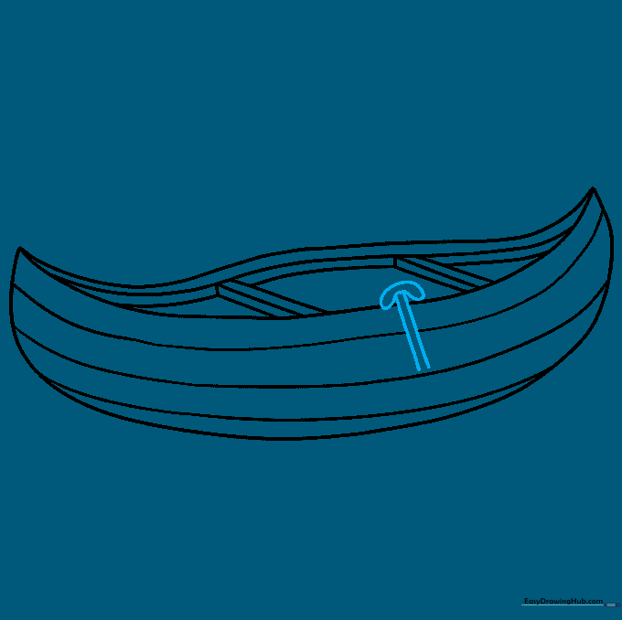 Drawing a long paddle shaft leaning against the side of the canoe.