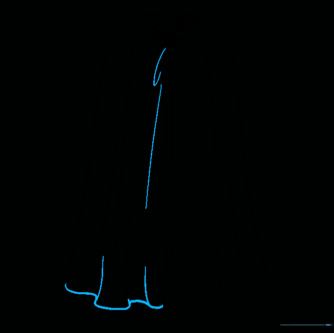 Drawing the wavy bottom hem of the cape.