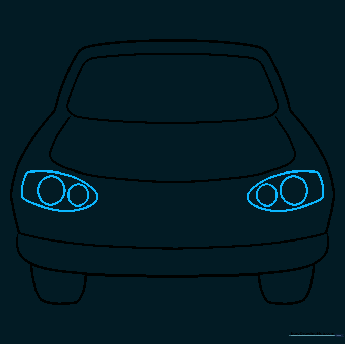 Detailed drawing of two headlights with inner circles.