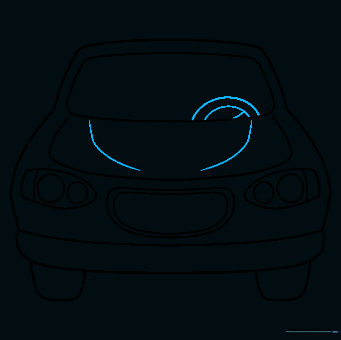 Drawing the steering wheel inside the car and adding hood lines.