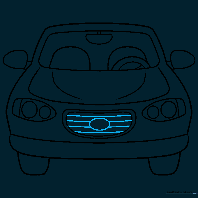 Finalizing the grill with an oval emblem and horizontal lines.