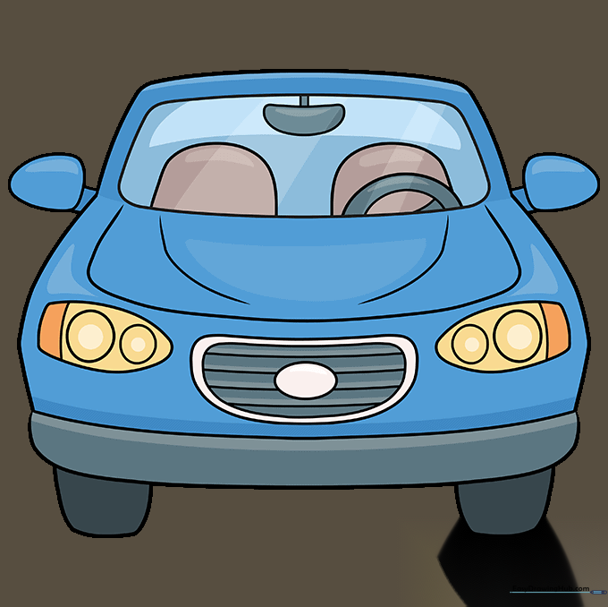 The completed, colored cartoon car drawing.