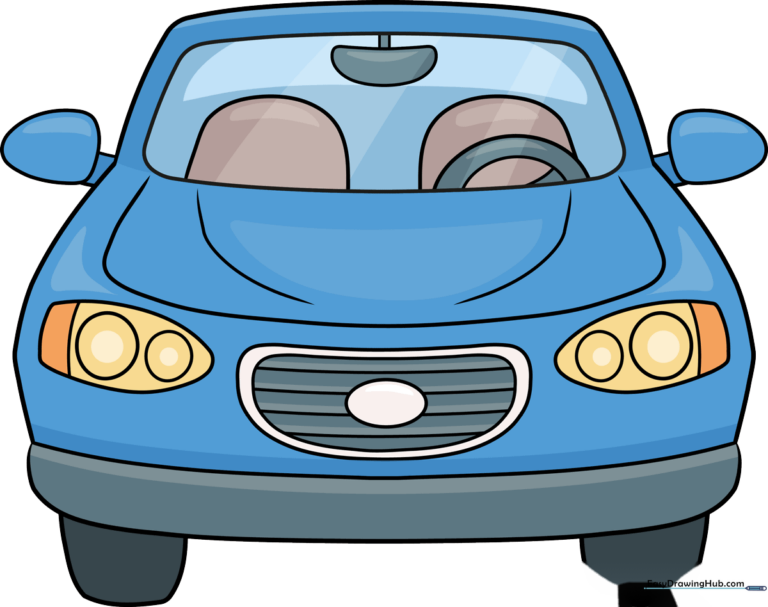 A vibrant, finished drawing of a car from the front view, showcasing clean lines and bright colors.