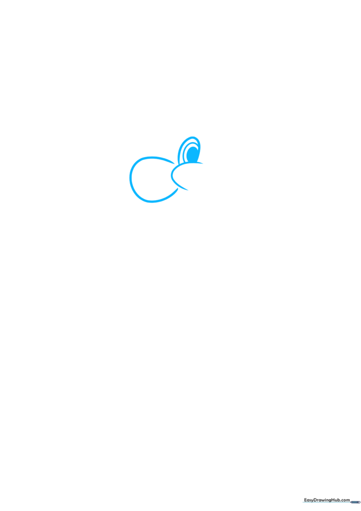 Pencil sketch showing the initial outline of a Care Bear's nose, cheek, and single eye structure.