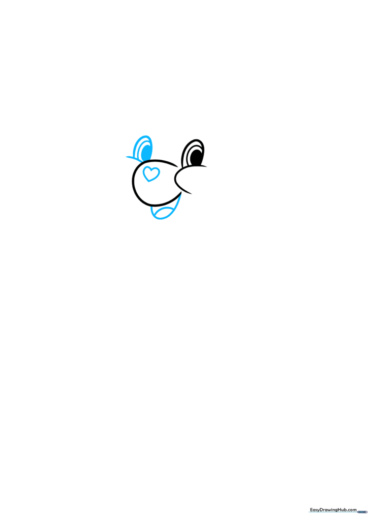 Detailed sketch of the Care Bear's face, highlighting the heart-shaped nose and open mouth with a tongue.
