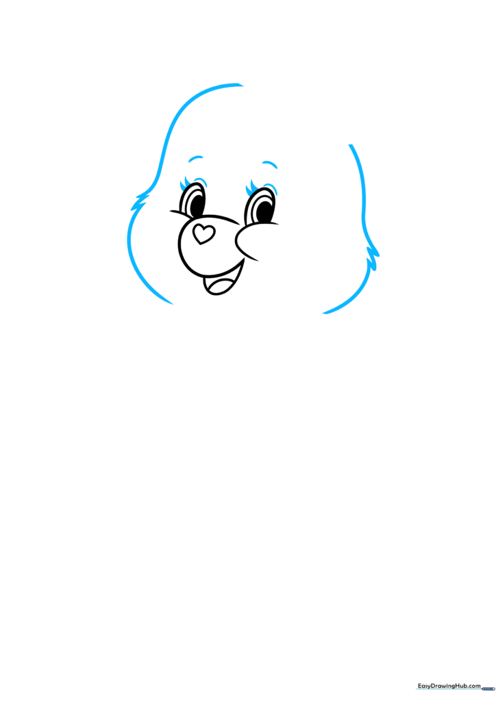 Drawing the Care Bear's eyelashes and the jagged, furry outline of the head.