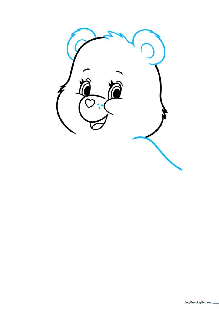 Adding the ears, top fur tuft, and shoulder line to the Care Bear sketch.