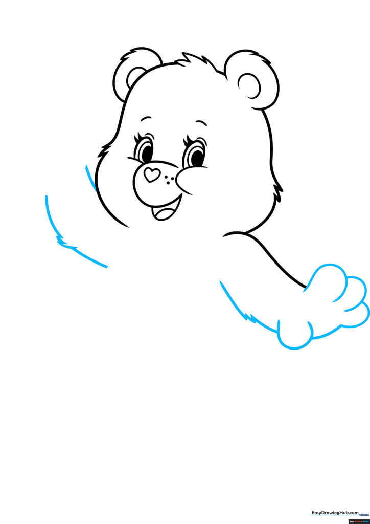 Step-by-step construction of the Care Bear's arms and hands using rounded, furry-edged shapes.