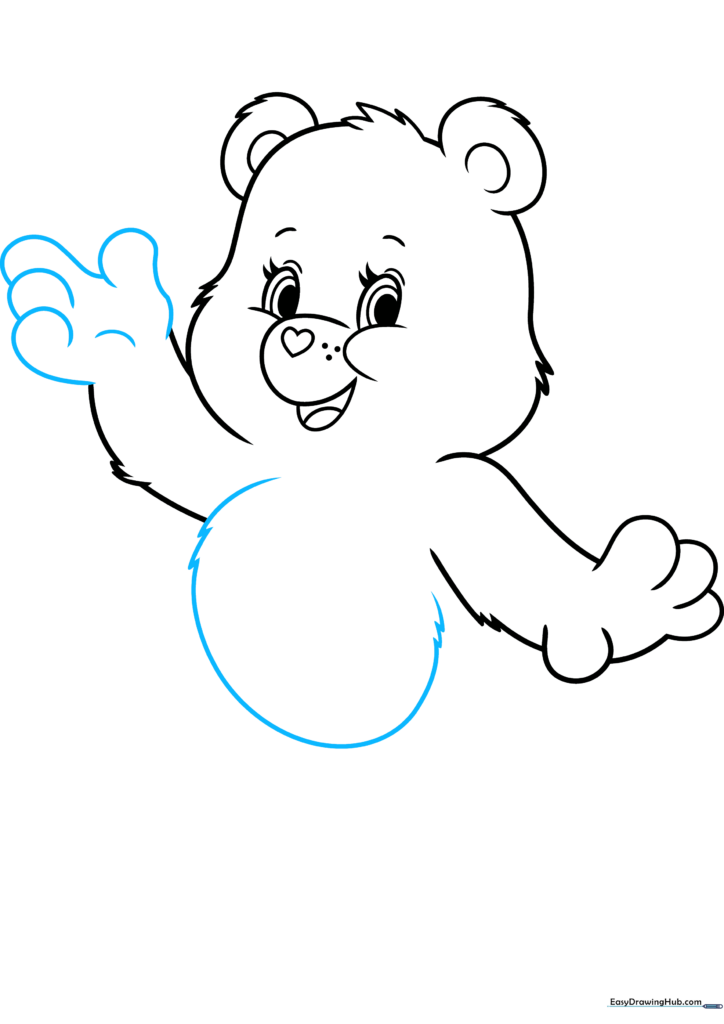 Drawing the round belly section of the Care Bear with a furry texture at the top.