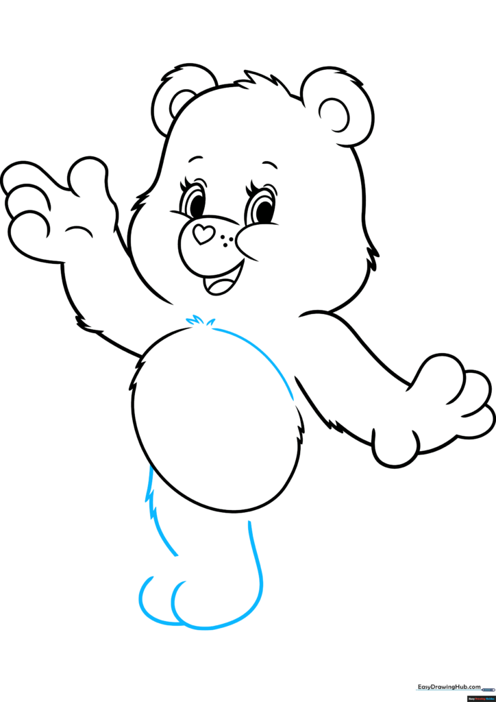 Adding the first leg and foot to the Care Bear, emphasizing the furry texture.