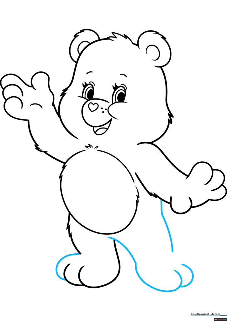 Drawing the second leg and foot to complete the lower body of the Care Bear.