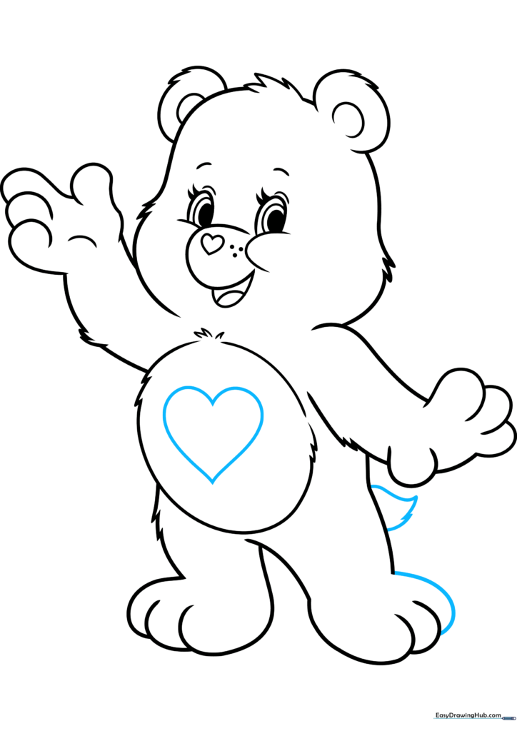 Adding the final tail and the iconic heart symbol to the Care Bear's tummy.